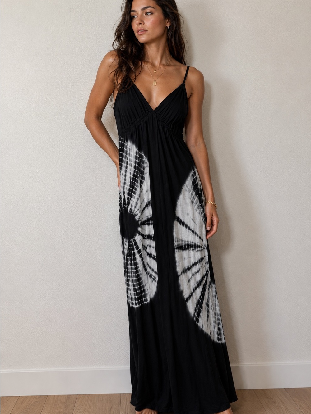 Raviya Black Tie Dye Maxi Dress Large V Neck Spaghetti Strap Beach Boho Festival